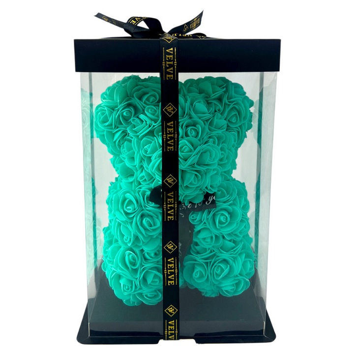 Ursulet din trandafiri spuma, turcoaz, 25 cm, in cutie cadou premium, Velve