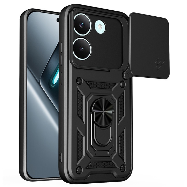 Husa pentru Xiaomi Poco X8 Pro cu inel rotativ 360 Daden, Camshield series, Hybrid Antisoc, Slider pentru protectia camerei, Negru