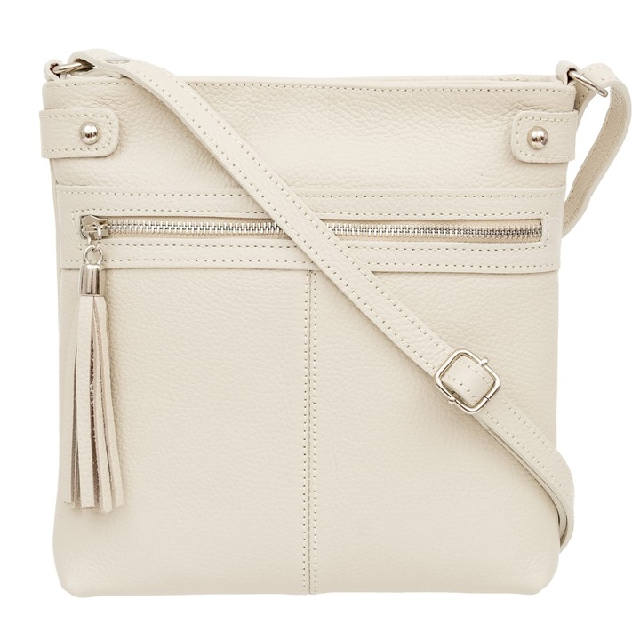 Чанта за рамо от италианска телешка кожа Vera Pelle, 3 джоба, цвят екрю, различни размери