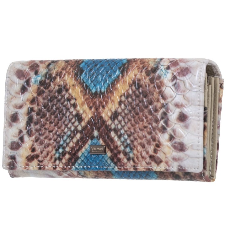 Portofel dama VerMari, piele naturala, model piele de sarpe, argintiu, 3 compartimente pentru bancnote, albastru