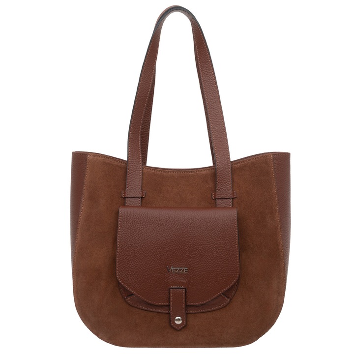 Geanta din piele de caprioara Vezze, maro, compartiment principal cu fermoar, buzunare multiple