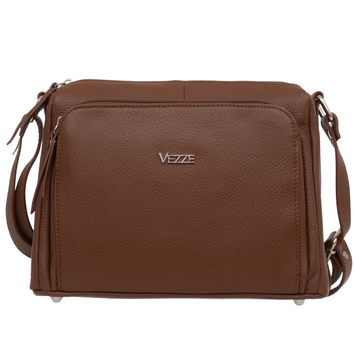 Bőr válltáska, Vezze, barna, több rekeszes, állítható pánt