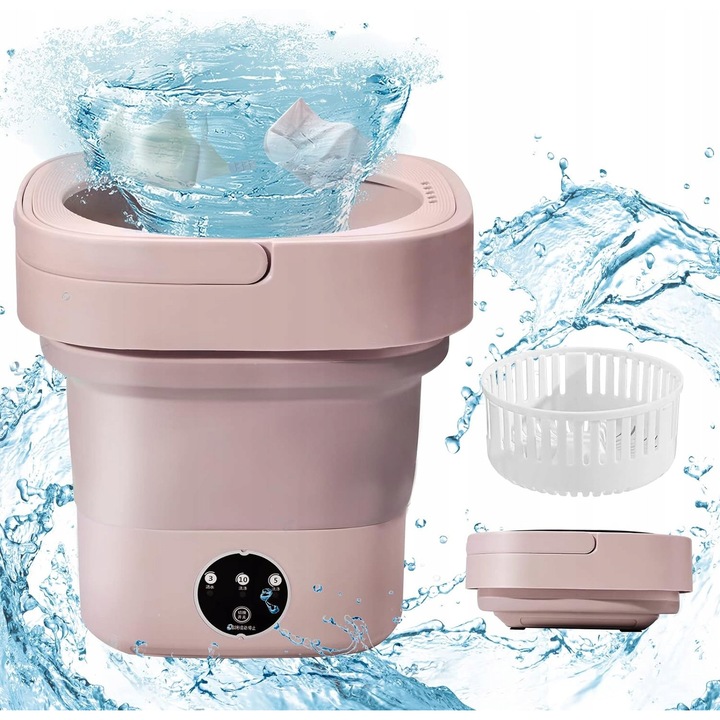 Mini masina de spalat pliabila cu uscator, 6,5l, 36W, 1,8kg, 30x30cm, set inclus roz