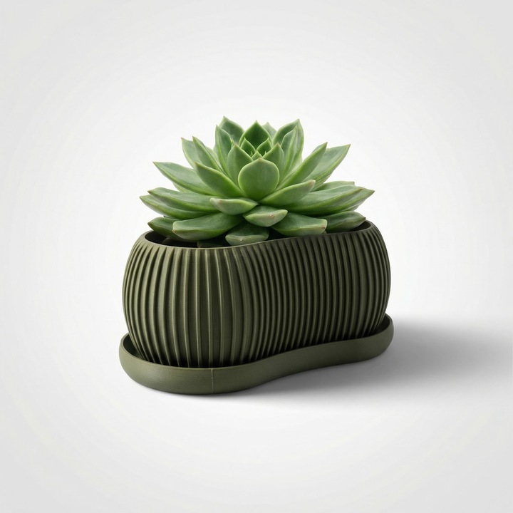 Ghiveci Decorativ Minimalist cu Striatii, Verde inchis, Plastic PLA, 20 cm