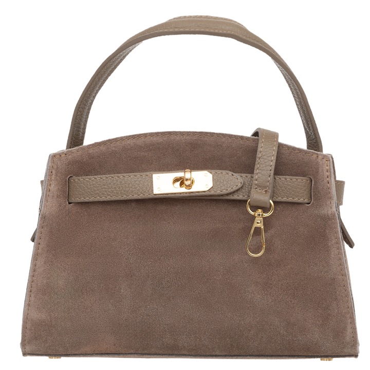 Чанта тип куфар от велурена кожа, Vera Pelle, цвят таупе, подвижна презрамка, различни размери