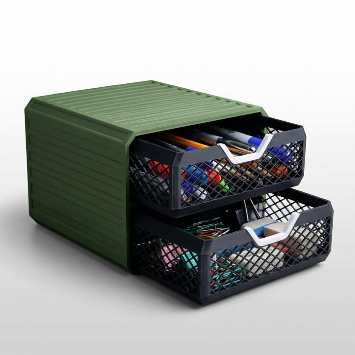 Organizator Birou cu Sertare Minimalist, Negru cu Verde, Plastic PLA, 20 cm