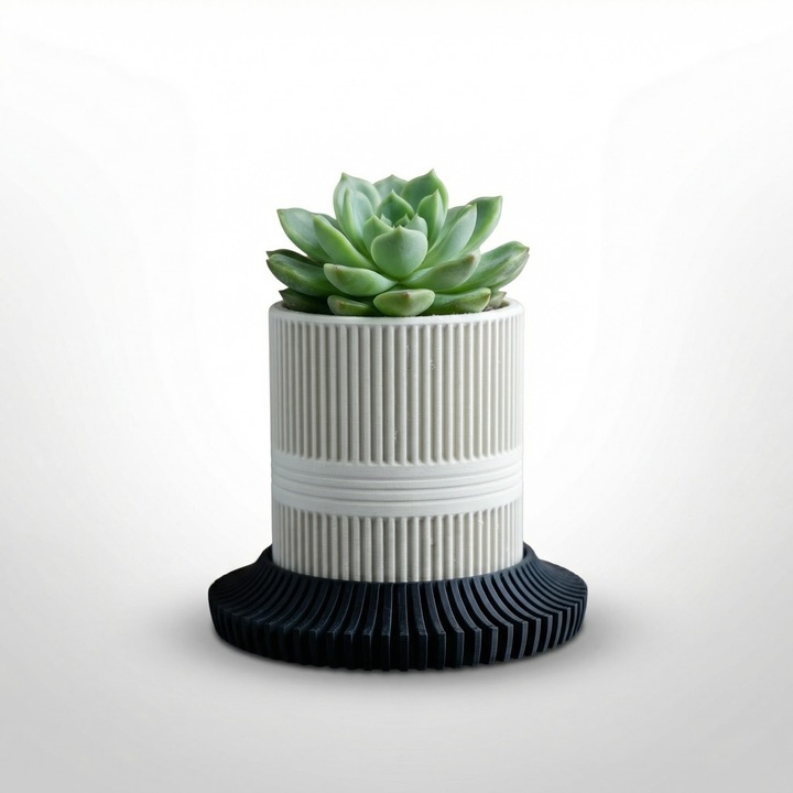 Ghiveci Decorativ Minimalist cu Farfurie Striata, Alb, Plastic PLA, 10 cm