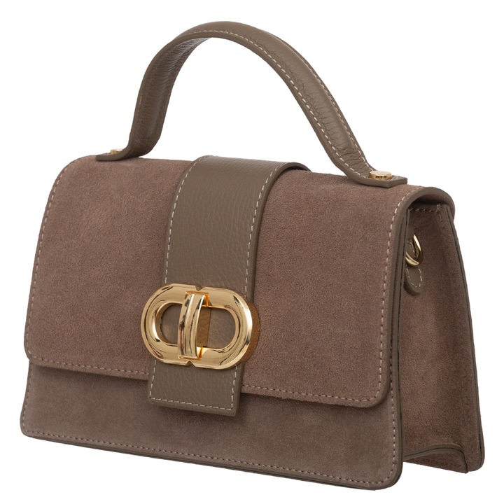 Дамска чанта от велурена кожа, Vera Pelle, цвят таупе, с подвижна презрамка, златни аксесоари