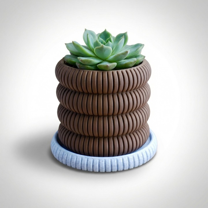 Ghiveci Decorativ Striat cu Farfurie, Maro, Plastic PLA, 11 cm