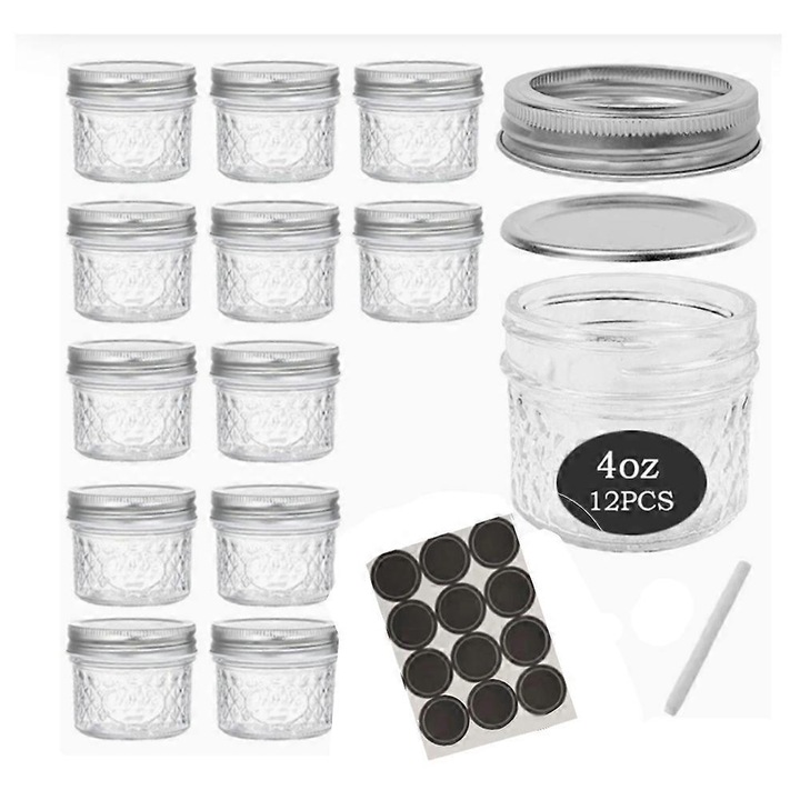 Set 12 Borcane din Sticla cu Capac Etans, 4 Oz, Gura Larga, Transparent