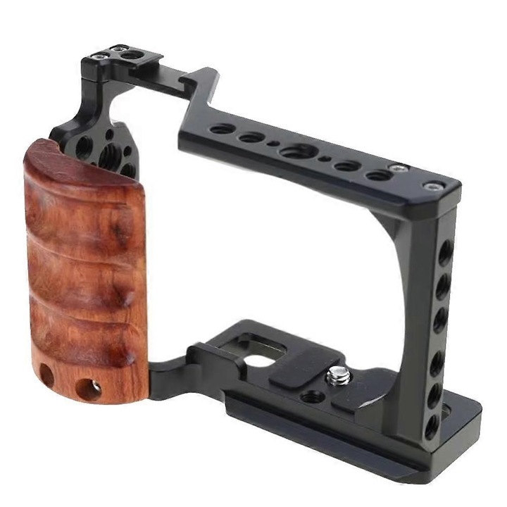 Cușcă cameră Sony ZV-E10 cu mâner din lemn, cold shoe, suport extensie microfon și lumină, rig video pentru vlogging și filmări, negru
