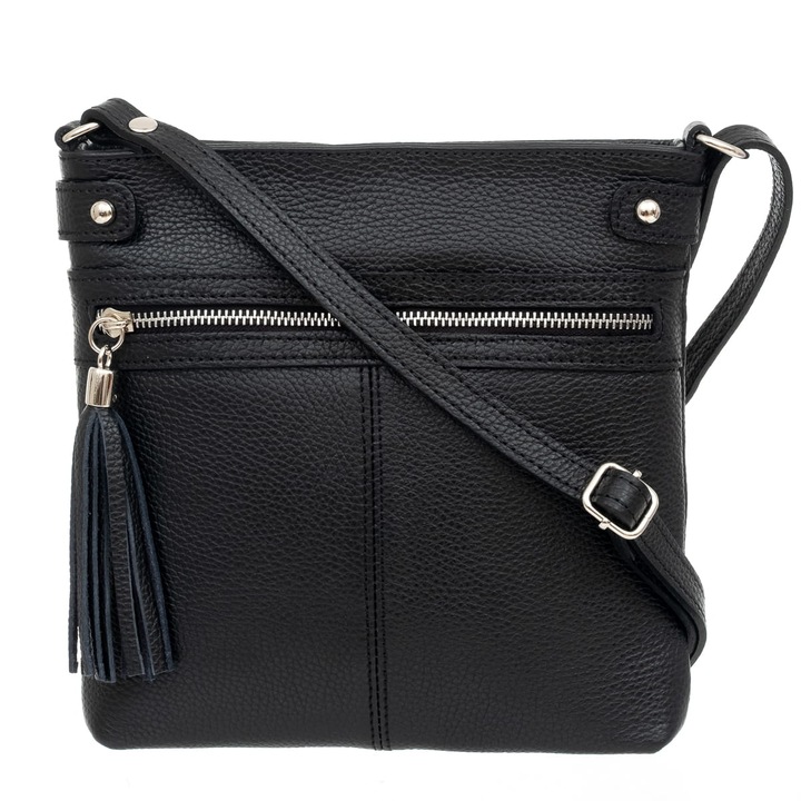 Чанта за рамо от телешка кожа Vera Pelle, черна, 3 джоба, регулируема презрамка