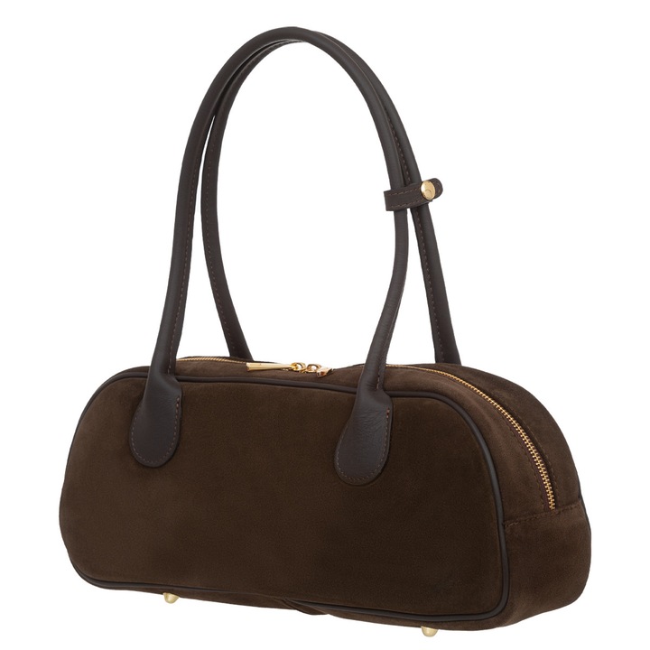Дамска чанта Vera Pelle, велурена кожа, цвят Choco, основно отделение с цип, каишка за връзване на дръжките