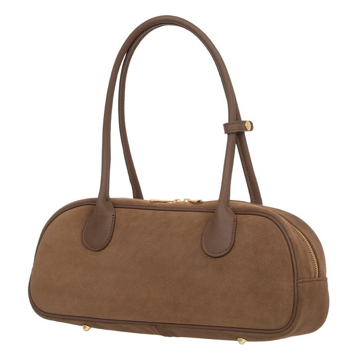 Дамска чанта Vera Pelle, велурена кожа, цвят таупе, основно отделение с цип, каишка за връзване на дръжките