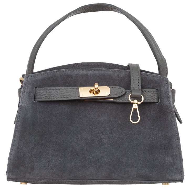 Чанта тип куфар от велурена кожа, Vera Pelle, графит, с подвижна презрамка, размери 30x45cm