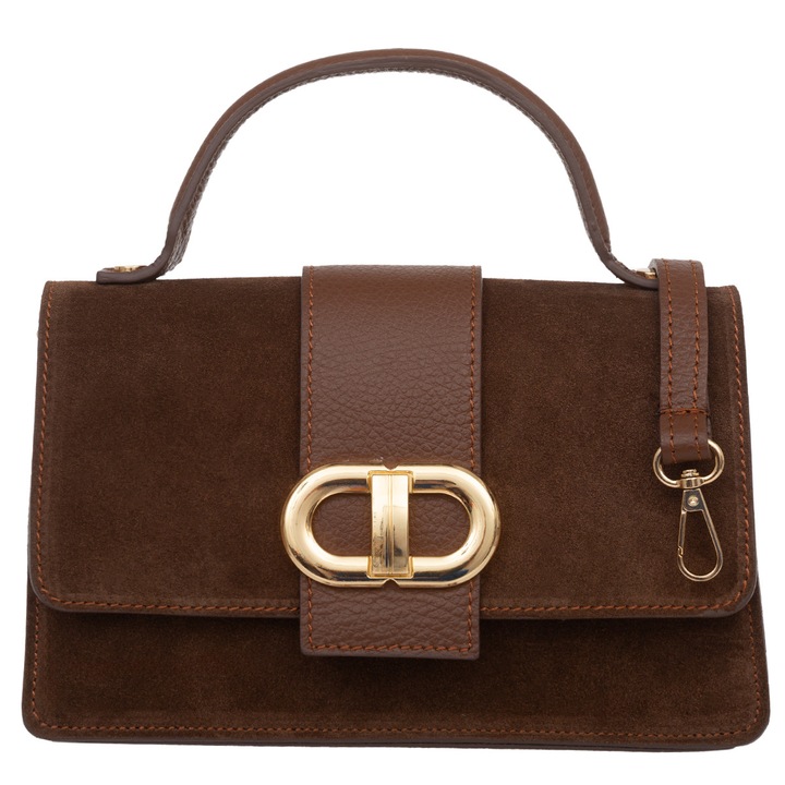 Чанта тип куфар Vera Pelle, от велурена кожа, златиста, кафява, с подвижна презрамка