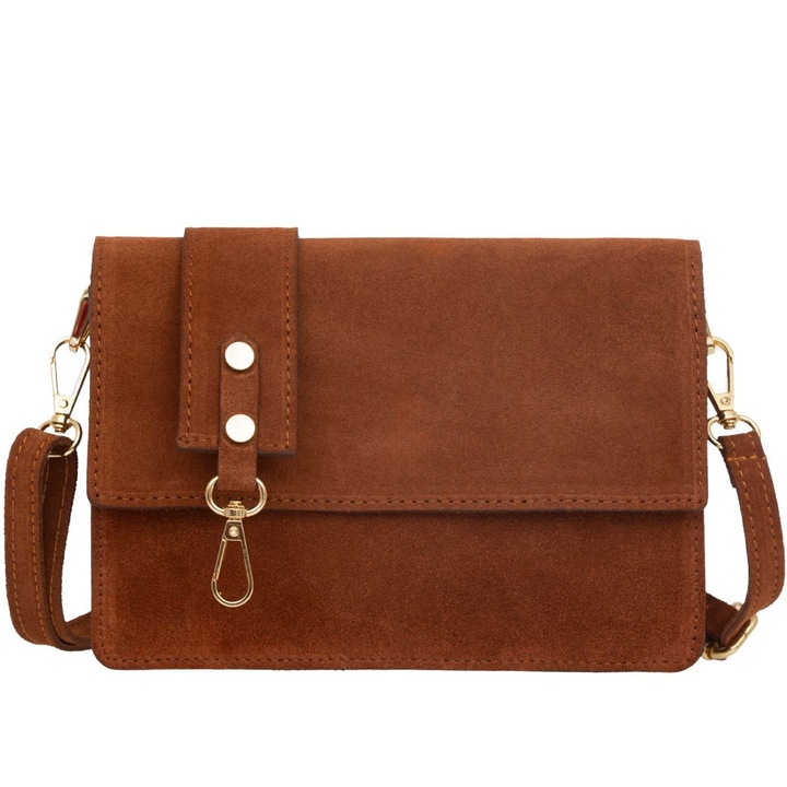 Geanta mica din piele de caprioara Vezze, maro, detalii aurii, curea detasabila