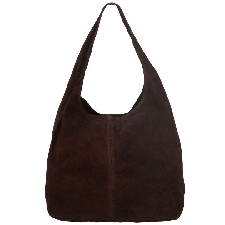 Дамска чанта Vera Pelle от велурена кожа, шоколадов цвят, отделение за формат А4, с прикрепена торбичка