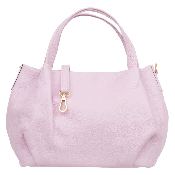 Geanta urbana din piele naturala, Vera Pelle, roz, dimensiuni medii, cu buzunar spate cu fermoar, curea detasabila.