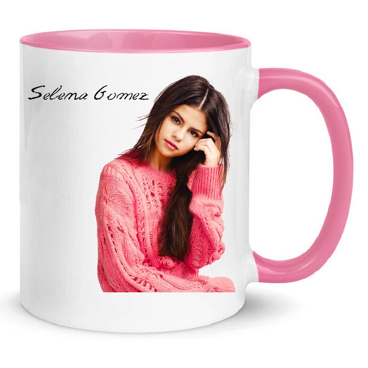 Cana Selena Gomez No2, 330ml, ceramica premium, alb si roz, design rezistent la spalare in masina