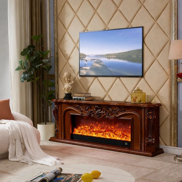 Semineu Electric, MOBATELIER®, 200 x 33 x 70 Cm, Semineu Electric LED 12 Culori, Comoda TV 200 Cm, Semineu Electric Decorativ Fara Incalzire, Control Vocal Si Telecomanda, Design Clasic Elegant Premium, Efect Flacara Realist, Mobilier Living Modern, Maro