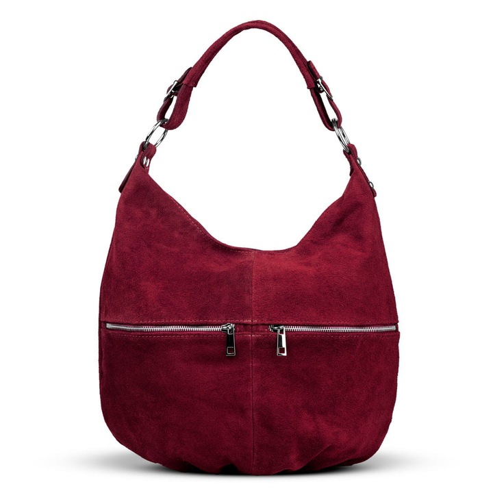 Geanta dama, Vera Pelle, piele de caprioara, burgund, compartiment A4, curea detasabila