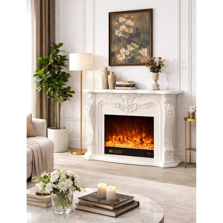 Semineu Electric, MOBATELIER®, 120 x 33 x 102 Cm, Semineu Electric LED 12 Culori, Comoda TV 120 Cm, Semineu Electric Decorativ Fara Incalzire, Control Vocal Si Telecomanda, Design Elegant Clasic, Efect Flacara Realist, Mobilier Living Compact, Alb