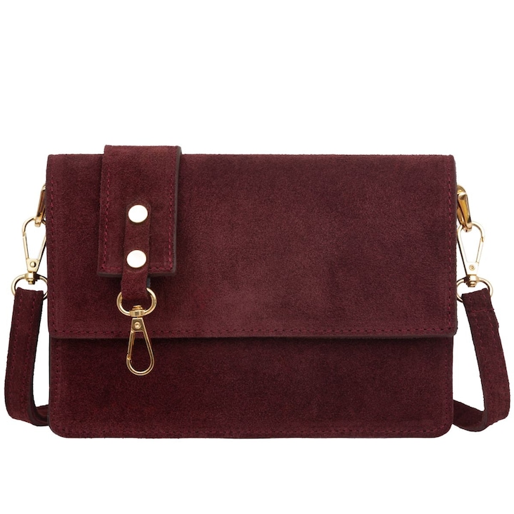 Geanta mica din piele de caprioara, Vezze, visinie, curea detasabila, accesorii aurii