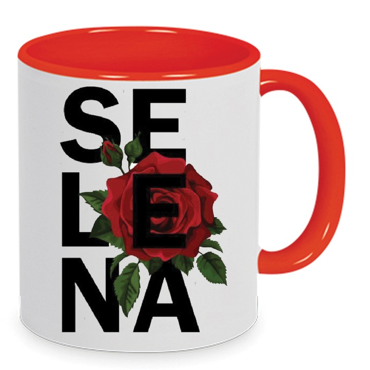 Cana Selena Gomez No16, 330ml, ceramica, alba si rosie, design modern, rezistent la spalare in masina