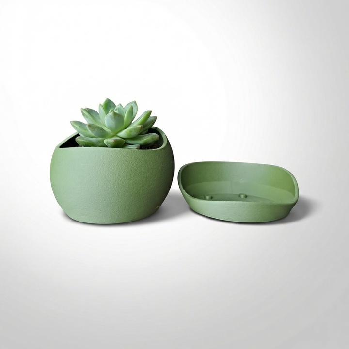 Ghiveci Decorativ cu Textura Mata si Farfurie, Verde, Plastic PLA, 17 cm