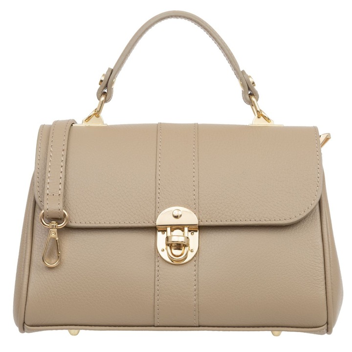 Geanta de mana din piele naturala, Vera Pelle, bej, dimensiuni medii, cu maner detasabil si curea de umar reglabila