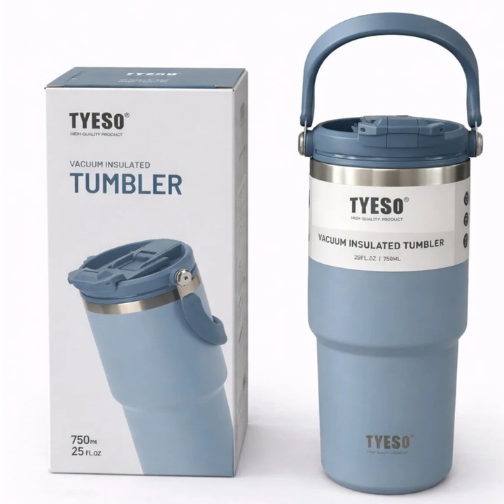 Pahar termic TYESO 750 ml, termos cu perete dublu din inox, si maner lateral, Albastru - 750 ml