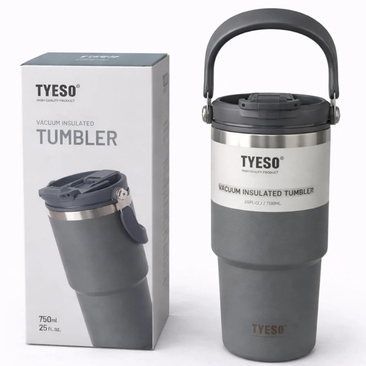 Pahar termic TYESO 750 ml, termos cu perete dublu din inox, si maner lateral, Gri - 750 ml