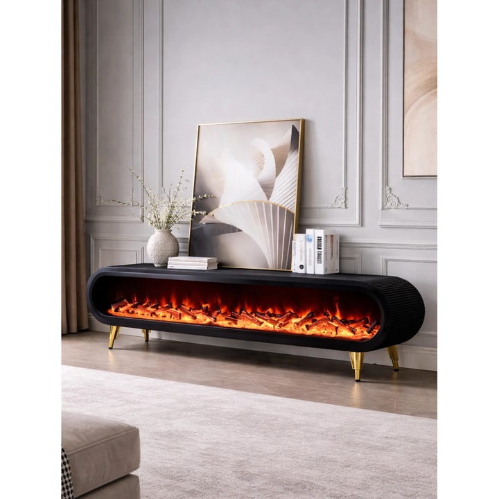 Semineu Electric, MOBATELIER®, 180 x 32 x 47 Cm, Semineu Electric LED 12 Culori, Comoda TV Design Oval, Semineu Electric Decorativ Fara Incalzire, Control Vocal Si Telecomanda, Efect Flacara Realist, Mobilier Living Modern Premium, Picioare Aurii, Negru
