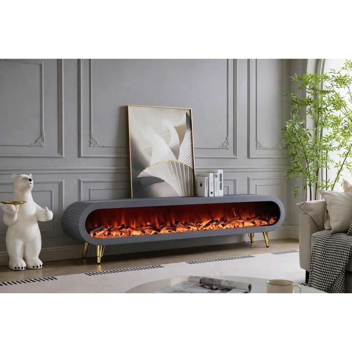 Semineu Electric, MOBATELIER®, 180 x 32 x 47 Cm, Semineu Electric LED 12 Culori, Comoda TV Design Oval, Semineu Electric Decorativ Fara Incalzire, Control Vocal Si Telecomanda, Efect Flacara Realist, Mobilier Living Modern Premium, Picioare Aurii, Gri