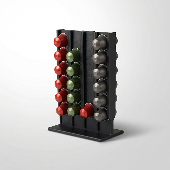 Suport Capsule Cafea Vertical cu Acces Dublu, Negru, Plastic PLA, 25 cm