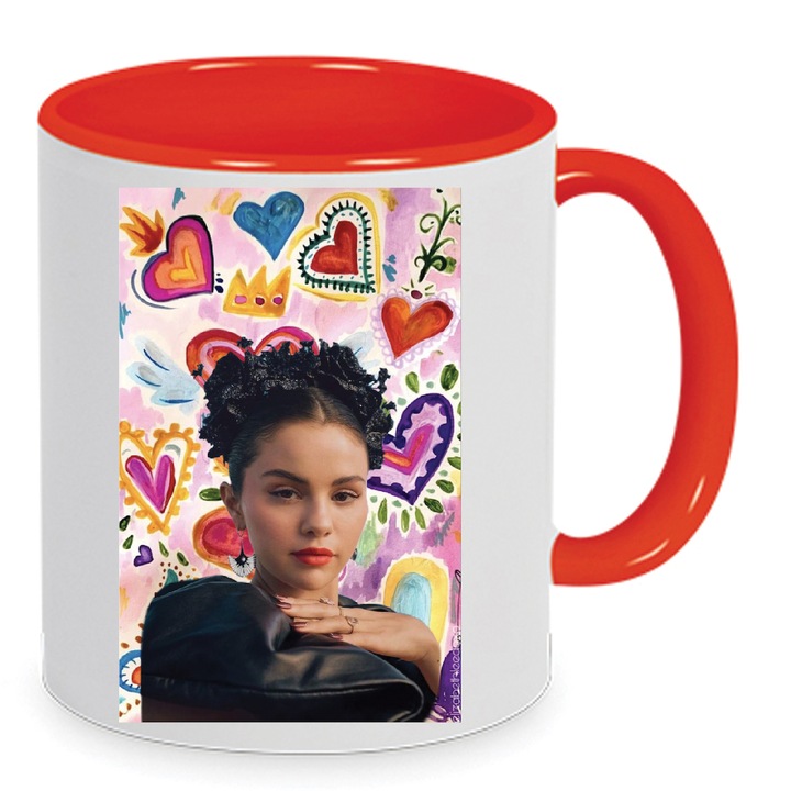 Cana Selena Gomez No22, 330ml, ceramica, alba si rosie, design modern, rezistent la spalare in masina