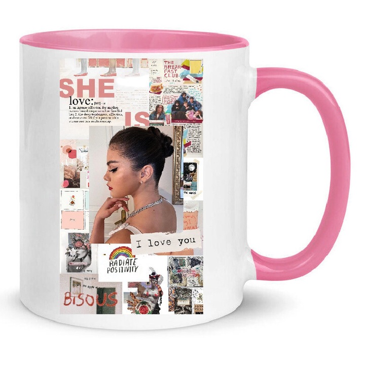 Cana Selena Gomez No23, 330ml, ceramica premium, alb si roz, design modern, rezistent la spalare in masina