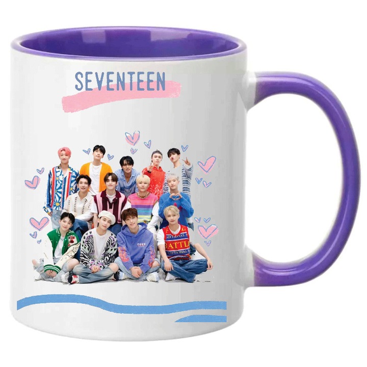 Cana Seventeen K-pop, 330ml, ceramica, alba si mov, design modern, rezistent la spalare in masina