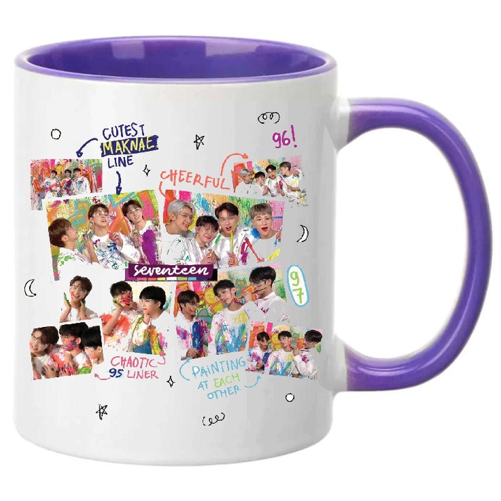 Cana Seventeen K-pop, 330ml, ceramica premium, alb si mov, design rezistent la spalare in masina