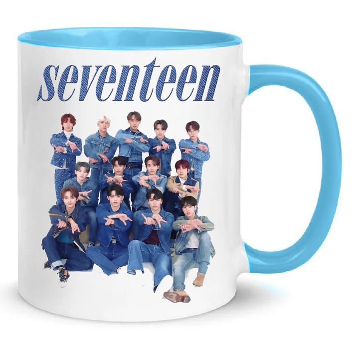 Cana Seventeen K-pop, 330ml, ceramica premium, alb si albastru deschis, design rezistent la spalare in masina