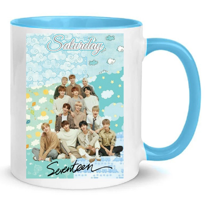 Cana Seventeen K-pop, 330ml, ceramica premium, alb si albastru deschis, design rezistent la spalare in masina