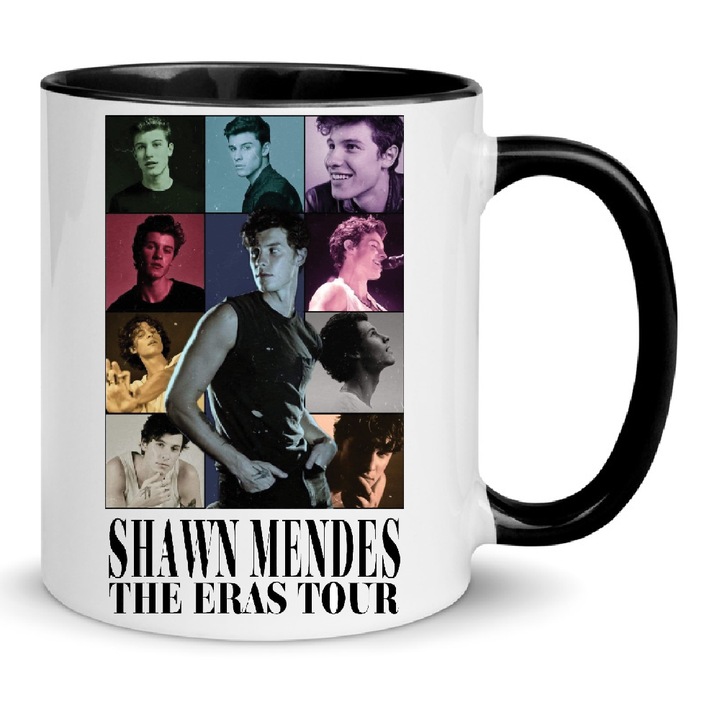 Cana Shawn Mendes No1, ceramica premium, 330ml, alb si negru, design modern, lavabila la masina