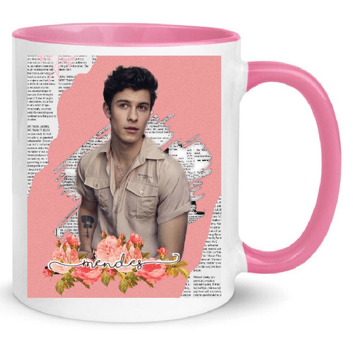 Cana Shawn Mendes No4, ceramica premium, 330ml, alb si roz, design modern, lavabila la masina