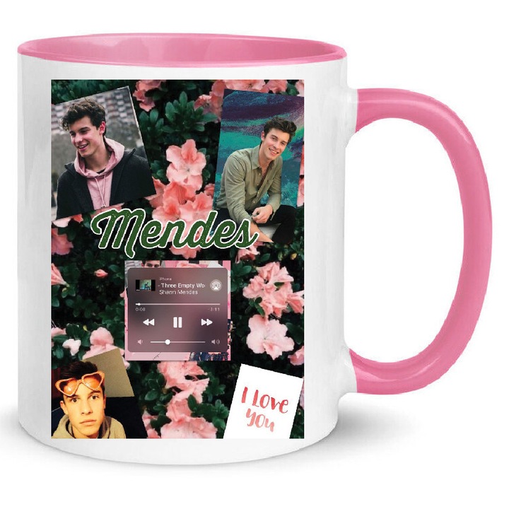 Cana Shawn Mendes No5, 330ml, ceramica premium, alb si roz, design modern, lavabila la masina de spalat.