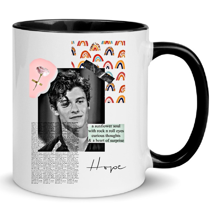 Cana Shawn Mendes No6, ceramica premium, 330ml, alb si negru, design modern