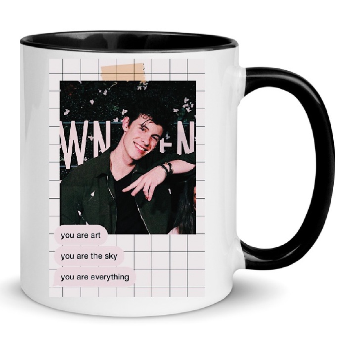 Cana Shawn Mendes No8, 330ml, ceramica premium, alb-negru, design modern