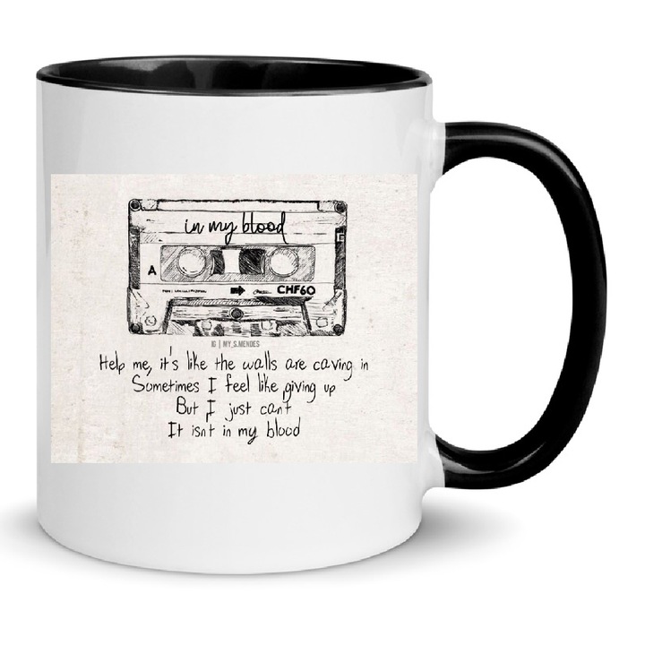 Cana Shawn Mendes No9, ceramica premium, 330ml, alb si negru, design modern, lavabila la masina