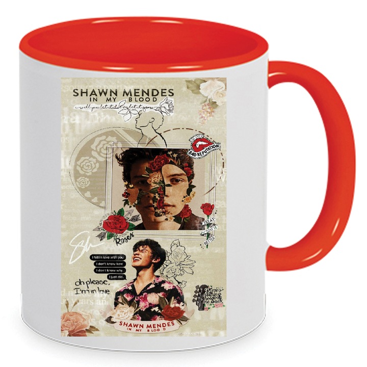 Cana Shawn Mendes No10, 330ml, ceramica premium, alb si rosu, design rezistent la spalare in masina