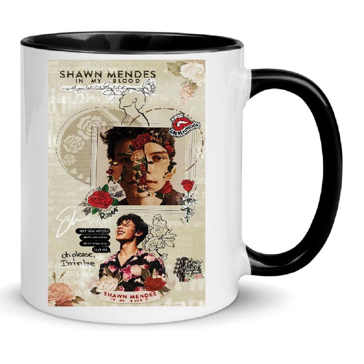 Cana Shawn Mendes No10, 330ml, ceramica premium, alb-negru, design modern, lavabila la masina de spalat.